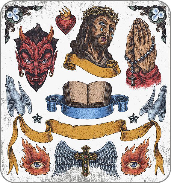 illustrazioni stock, clip art, cartoni animati e icone di tendenza di disegnati a mano set di tatuaggi religioso. - sinner