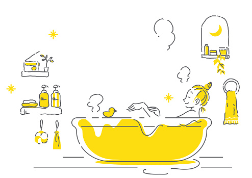 hand-drawn simple illustration, relaxing bath time