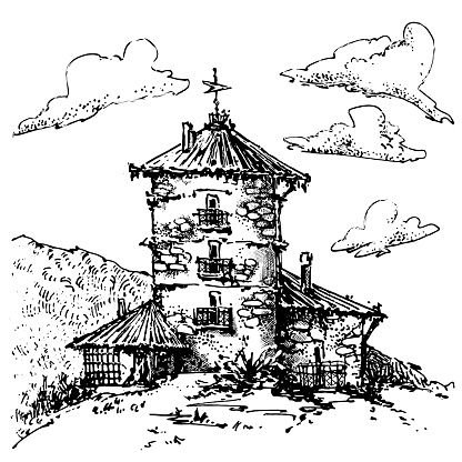 Hand-drawn sketch of temple