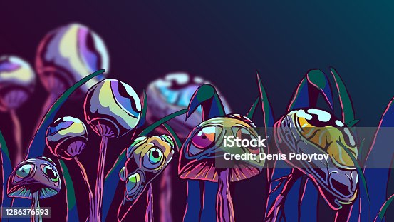 istock Hand-drawn surreal illustration - Mushrooms with eyes. 1286376593