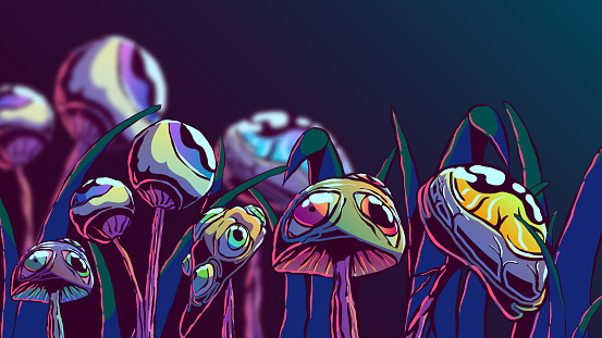 Hand-drawn surreal illustration - Mushrooms with eyes.
