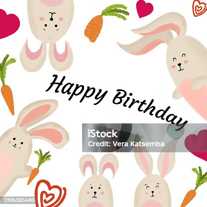 istock Hand-drawn vector birthday card with cute bunnies 1396385480