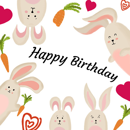 Hand-drawn vector birthday card with cute bunnies