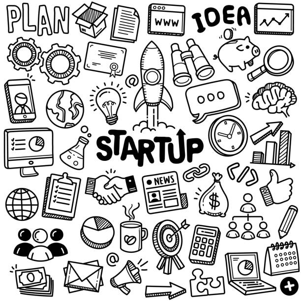 Hand-drawn Vector Collection: Startup Set of vector doodle element related to startup. Set of hand drawn fresh tech company symbols and icons. rocketship drawings stock illustrations