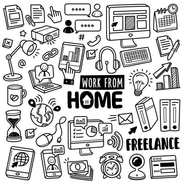 Hand-drawn Vector Collection: Work from Home Set of vector doodle element related to work from home. Set of hand drawn work from home symbols and icons. office drawings stock illustrations