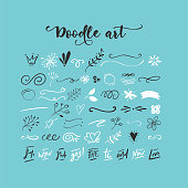 Handdrawn vector doodle set. Floral elements, swashes, lines, short text messages