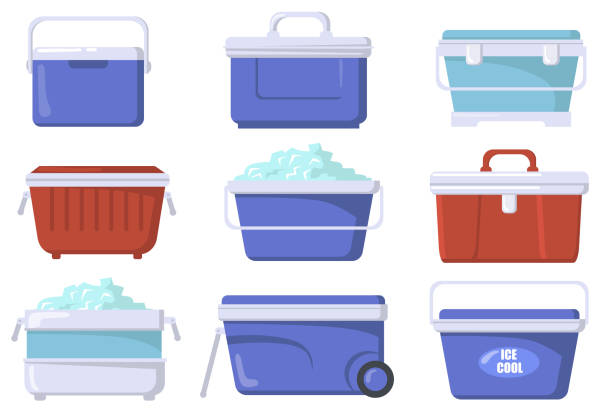 Handheld ice cooler boxes flat set for web design Handheld ice cooler boxes flat set for web design. Cartoon iceboxes and containers for picnic isolated vector illustration collection. Camping refrigerators and storage concept chest freezer stock illustrations