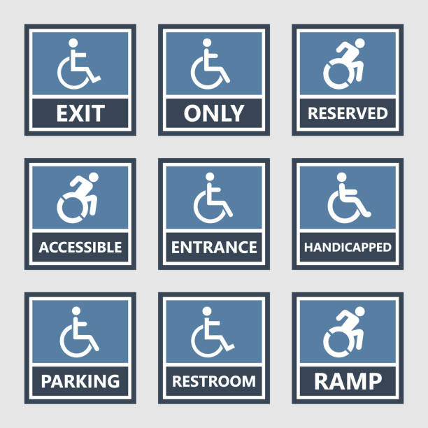handicap icons, parking and toilet signs, disabled people handicap signs, wc and parking icons, disabled people ISA stock illustrations
