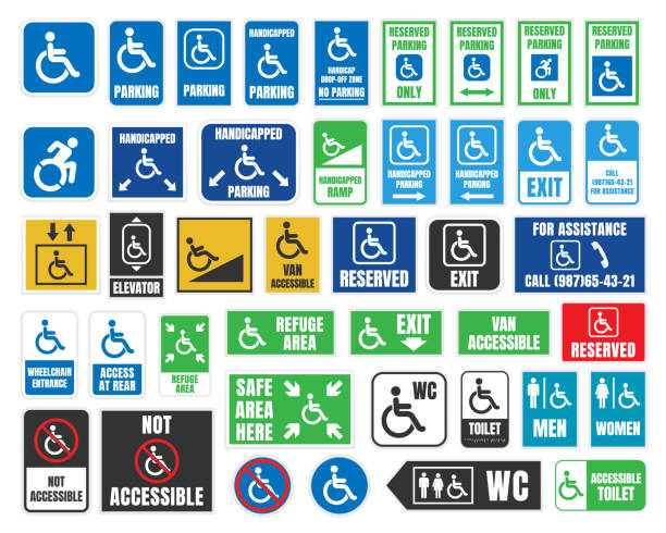 handicap labels and signs, disabled people icons and stickers handicap icons, parking and wc signs, disabled people ISA stock illustrations