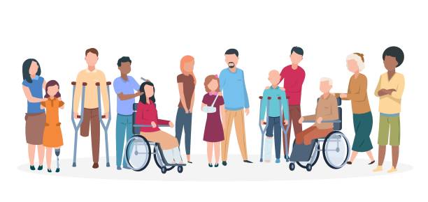 장애인된 사람입니다. 장애인 행복 친절 한 가족을 가진 사람들입니다. 부상 인 도우미를 사용 하지 않도록 설정 - disability stock illustrations