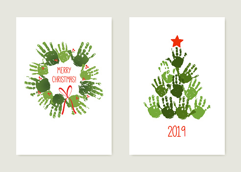 Handprint Christmas tree with red star. Handprint Christmas wreath with red bow. Christmas hand print card set. Watercolor, acrylic children Christmas art. Vector illustration isolated on white.