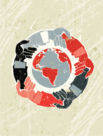 Global connection! A stylized vector cartoon of hands in a circle reaching around the world, reminiscent of an old screen print poster and suggesting unity, peace,global communication or co-operation. Hands, globe, paper texture, and background are on different layers for easy editing. Please note: clipping paths have been used, an eps version is included without the path.