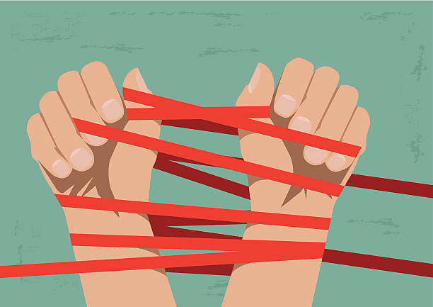 Hands Bound by Red Tape Two hands bound by red tape, depicting difficulties, frustration and regulations. Art on separate and easily edited layers. Download includes a large high res jpeg. hands tied up stock illustrations