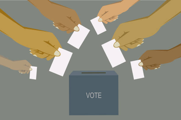 Hands casting votes in the ballot box Hands casting votes in the ballot box voting rights stock illustrations