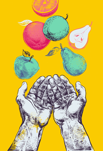 hands catch fruits screen printing woodcut