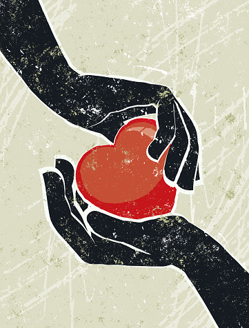 I give you my Heart! A stylized vector cartoon of hand's cradling a heart, reminiscent of an old screen print poster and suggesting love, romance, protection, healthy heart,  or marriage. Ideal for a Valentine's card. Heart, hand, paper texture, and background are on different layers for easy editing. Please note: clipping paths have been used, an eps version is included without the path.