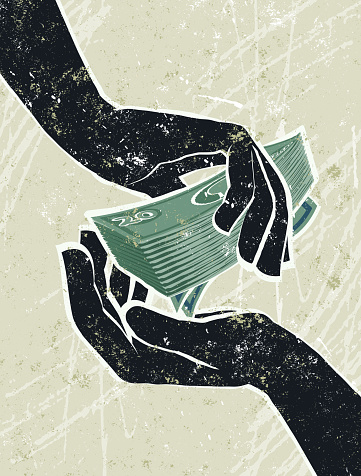 Cash in Hand! A stylized vector cartoon of hand's cradling a money, reminiscent of an old screen print poster and suggesting, finance, payment, finance, wages, or investment. Notes, both hands, paper texture, and background are on different layers for easy editing. Please note: clipping paths have been used, an eps version is included without the path.