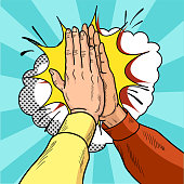 Hands give five pop art. Male hands in a gesture of success. Yellow and red sweaters. Vintage cartoon retro vector illustration. EPS 10.