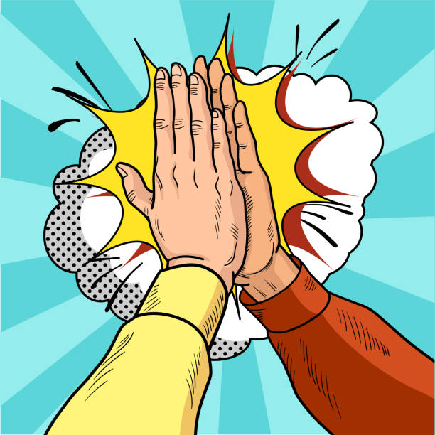Hands give five pop art. Male hands in a gesture of success. Yellow and red sweaters. Vintage cartoon retro vector illustration. Hands give five pop art. Male hands in a gesture of success. Yellow and red sweaters. Vintage cartoon retro vector illustration. EPS 10. high five stock illustrations