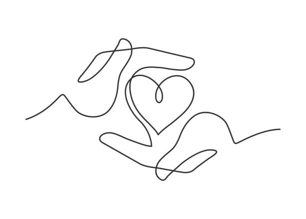 hands heart one line Continuous line drawing of heart between two  human hands meaning care and love.  Vector illustration valentines day holiday illustrations stock illustrations