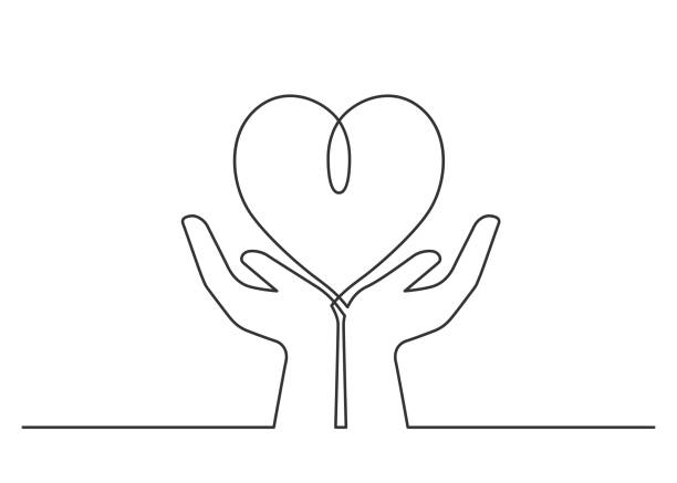 Hands heart one line Continuous line drawing of heart between two  human hands meaning care and love.  Vector illustration connection drawings stock illustrations