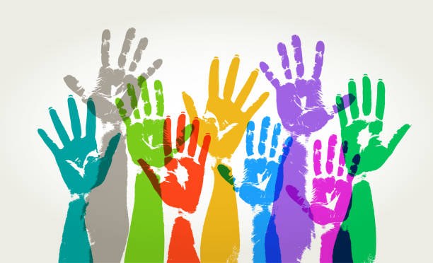 Hands Held High Colourful overlapping silhouettes of hands raised in print style democracy stock illustrations