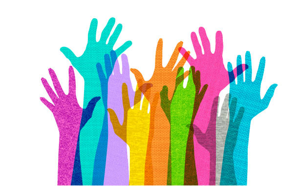 Hands Held High Colourful overlapping silhouettes of Hands raised in fabric texture voting silhouettes stock illustrations