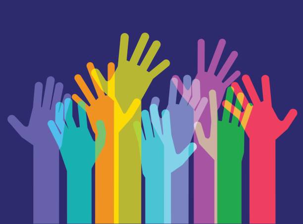 Hands Held High Colourful overlapping silhouettes of Hands raised. voting silhouettes stock illustrations