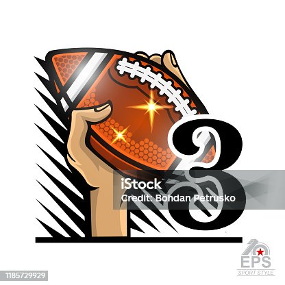 istock Hands hold American football ball with number three. Sport label isolated on white for any team or competition 1185729929