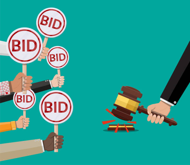 Hands holding auction paddle and hammer Hands holding auction paddle and hammer. Bid plate. Auction competition. Vector illustration in flat style auction stock illustrations