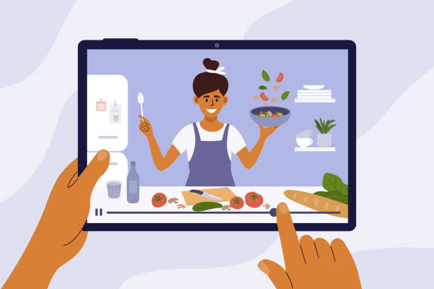 Hands holding digital tablet with young woman on screen preparing healthy food in kitchen Culinary video broadcast, channel or blog with cooking online class. Young woman preparing healthy food in kitchen. Hand holding digital tablet with smiling girl blogger on screen. Vector illustration cooking illustrations stock illustrations