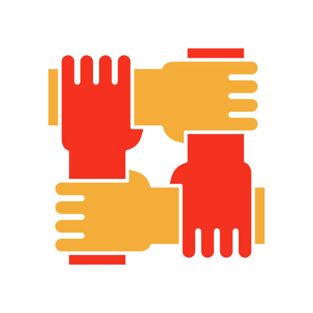 4 hands holding eachother. Vector flat glyph icon for concepts of racial equality, teamwork, community and charity. Vector eps10 four people stock illustrations