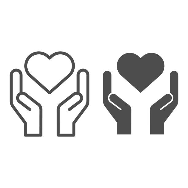 手握心線和堅實的圖示。慈善和愛的形狀在手掌符號，輪廓風格象形在白色背景。移動概念和網頁設計的關係標誌。向量圖形。 - 關心 幅插畫檔、美工圖案、卡通及圖標