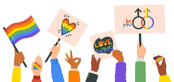 stockillustraties, clipart, cartoons en iconen met handen die lgbt affiches houden. mensen menigte met regenboogvlag, geslachtstekens en harten, lgbtq-gemeenschap, trotsmaand. gay parade plakkaten vector illustratie set - gay demonstration
