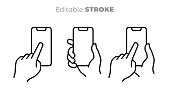 Finger touching blank screen. Vector smart phone, electronic device line art icon. Editable line drawing. Black and white illustration, sign, symbol.