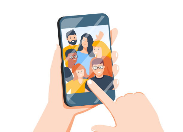 Hands holding mobile phone with happy boys and girls displaying on screen. Friends posing for selfie, group of people Hands holding mobile phone with happy boys and girls displaying on screen. Friends posing for selfie, group of joyful people photographing themselves. Flat colorful cartoon vector illustration. mobile phone photos stock illustrations