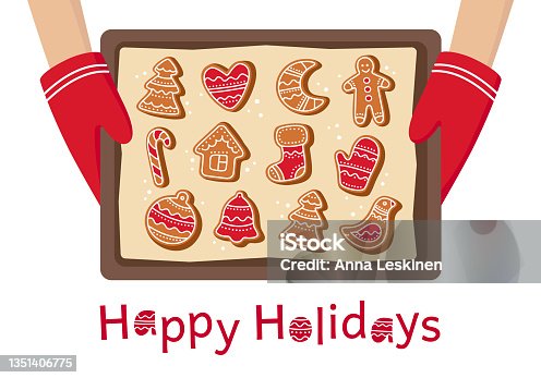 istock Hands holding oven-tray with gingerbread cookies. Happy Holidays card with Christmas bakery - gingerbread men, Christmas tree, star, bell, mitten, bird, heart. Festive baking for winter holidays. Vector illustration in flat style. 1351406775