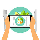 Hands holding smartphone and capture photo of healthy food in restaurant. Modern trend taking picture of food before eating vector illustration on white background.