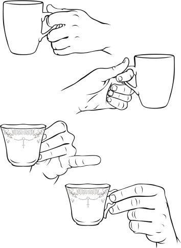 Hands holding tea cups and coffee mugs
