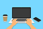 istock Hands in work at laptop  keyboard with blank monitor screen at table. Work place with a glass of coffee, telephone. Vector illustration. EPS 10 1299798205