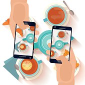 Hands making a smartphone photo of breakfast tea and apricot pie. Modern trend taking pictures of food in restaurants.  Flat design vector illustration. 
