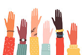Hands of diverse group of people together raised up. Concept of support and cooperation, girl power, social community. Vector illustration