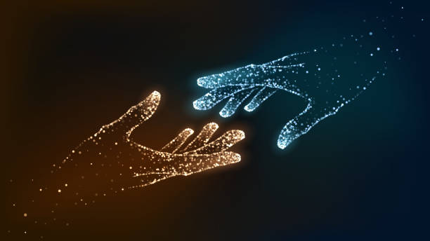 Hands of glowing blue particles Two hands of glowing particles, orange and blue, help, support god stock illustrations