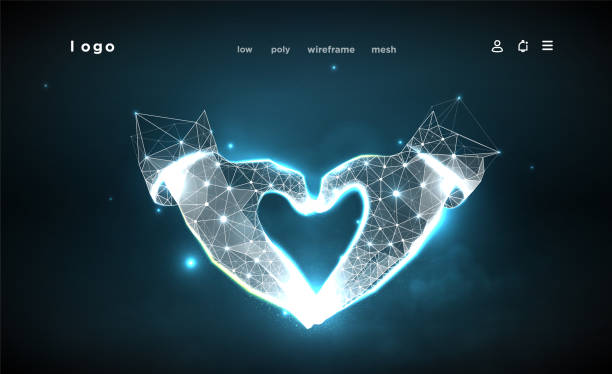Hands of shape Heart. Abstract on dark blue background. Low poly wireframe. Gesture hands. Love symbol. Plexus lines and points in the constellation. Particles are connected in a geometric shape. Hands of shape Heart. Abstract on dark blue background. Low poly wireframe. Gesture hands. Love symbol. Plexus lines and points in the constellation. Particles are connected in a geometric shape. background of the glow in the dark hearts stock illustrations