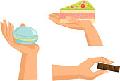 Hands offers sweetness with cake vector arm holding chocolate confectionery sweet confection seduction, no diet. not healthy junk food. Dessert bakery illustration set of hand hold sweets on white background.