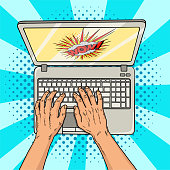 Hands on laptop comic style. Office worker or freelancer at work on a personal computer. Modern technologies. Vintage pop art retro vector illustration. EPS 10.