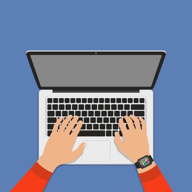 ilustraciones, imágenes clip art, dibujos animados e iconos de stock de manos en el teclado del ordenador portátil con pantalla en blanco. estilo plano. - typing on laptop