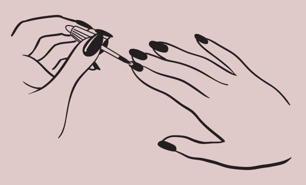 Hands Painting Nails Vector Illustration of two human hands Painting Nails nail salon stock illustrations