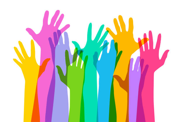Hands raised High Colourful overlapping silhouettes of Hands raised. EPS10 file, best in RGB, CS5 versions in zip voting silhouettes stock illustrations