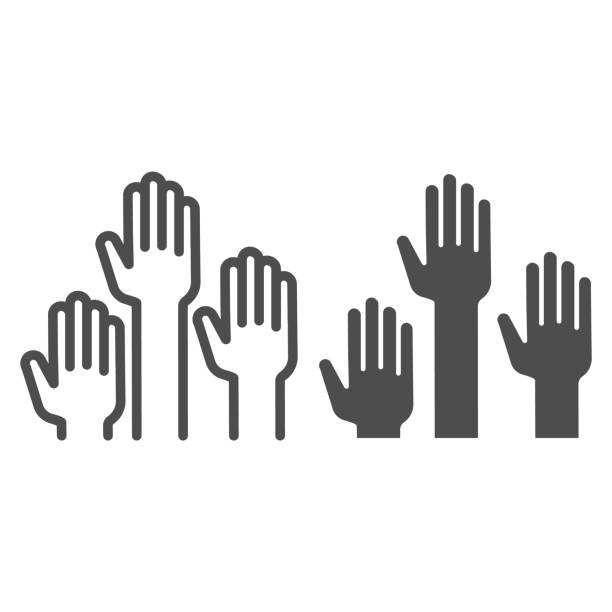 Hands raised up line and solid icon, Education concept, raising up hands in air sign on white background, raised arms icon in outline style for mobile concept and web design. Vector graphics. Hands raised up line and solid icon, Education concept, raising up hands in air sign on white background, raised arms icon in outline style for mobile concept and web design. Vector graphics voting symbols stock illustrations